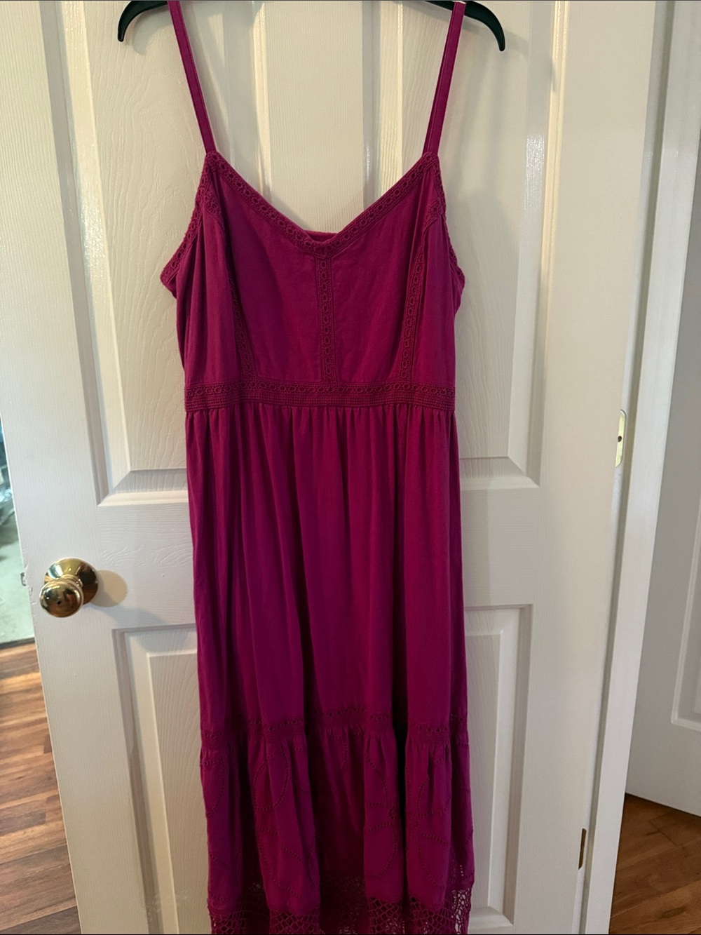 LOFT Magenta Spaghetti-Strap Lace-Trim Maxi Dress